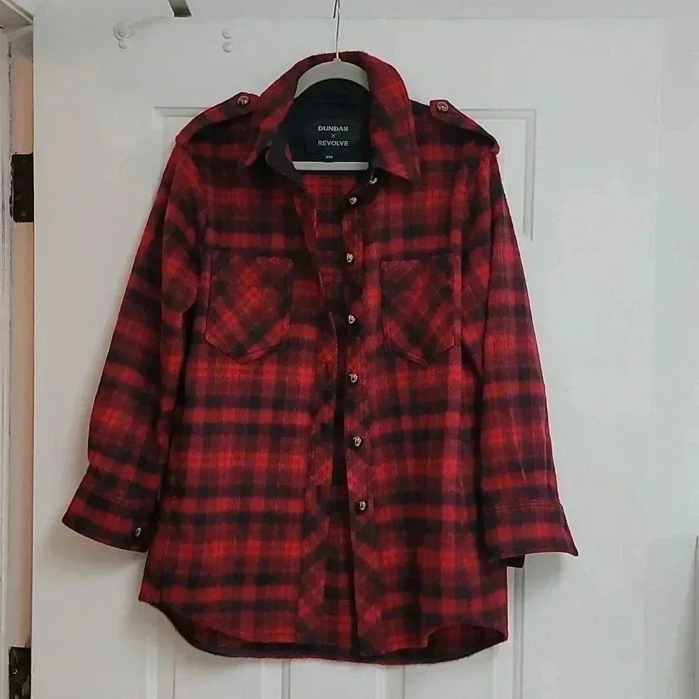 Dundas X Revolve London Oversized Shirt Shacket In Red And Black Plaid — image 2 of 8
